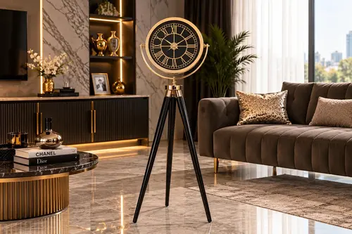 Muyika Ahşap Ayaklı Gold Tripod Duvar Saati Gss