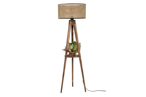 Sehbalı Tripod Lambader Yanık Silindir Rattan Abajurlu