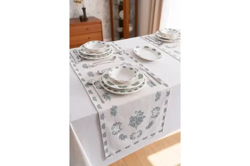 Flowers Green Keten Runner