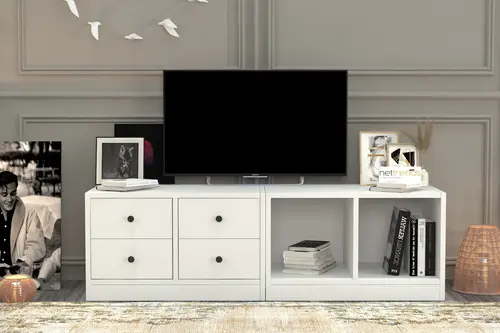 Leron Kitaplikli Çekmeceli Tv Ünitesi Beyaz 130 Cm Tvt 1003 Ç