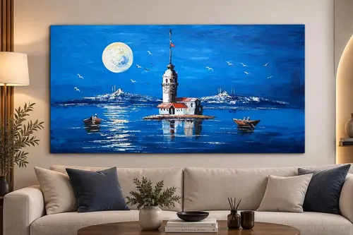 Gece Karanlığı İstanbul Kız Kulesi Orijinal Yağlı Boya Tablo