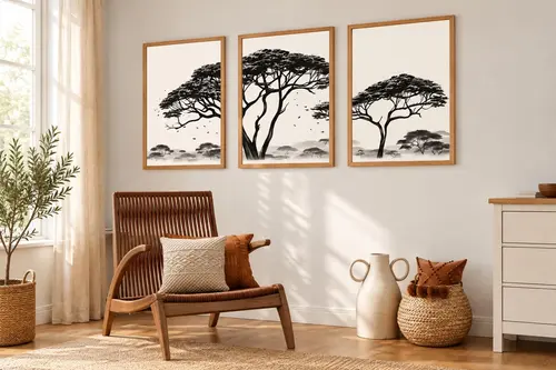 Premium Ahşap Çerçeveli Üçlü İskandinav Bohem Tablo Seti, Set11, 50X35Cm