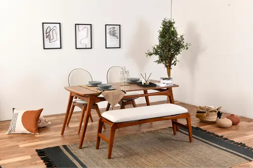 Touch Benchli İskandinav Masa Takımı, Krem, 160X80