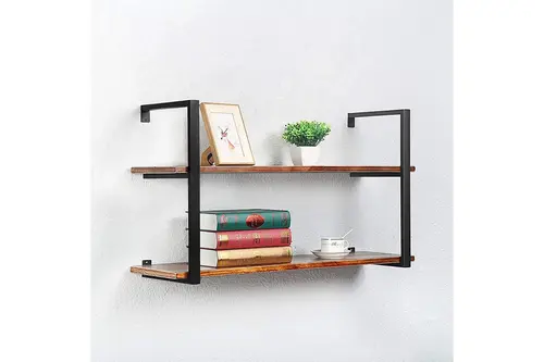 Tasnia Siyah Metal Ahşap Duvar Rafı 90 Cm 2 Katlı