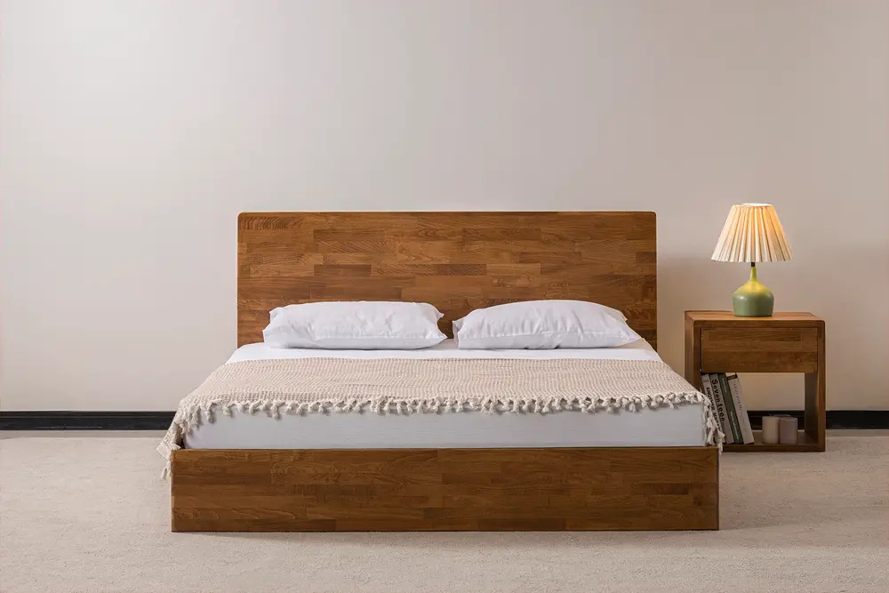 Nordik Ahşap Başlıklı Masif Kayın Karyola, Ceviz, 160X200