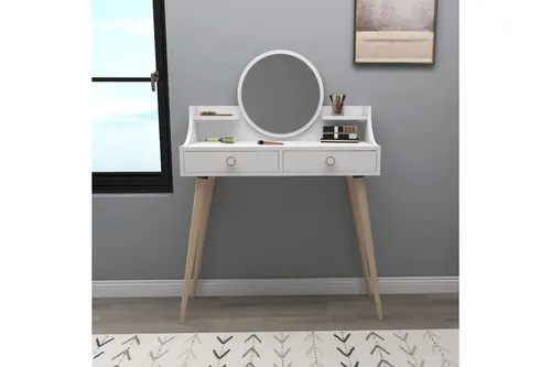 Roys Ahşap Ayaklı Aynalı Makyaj Masası, Beyaz