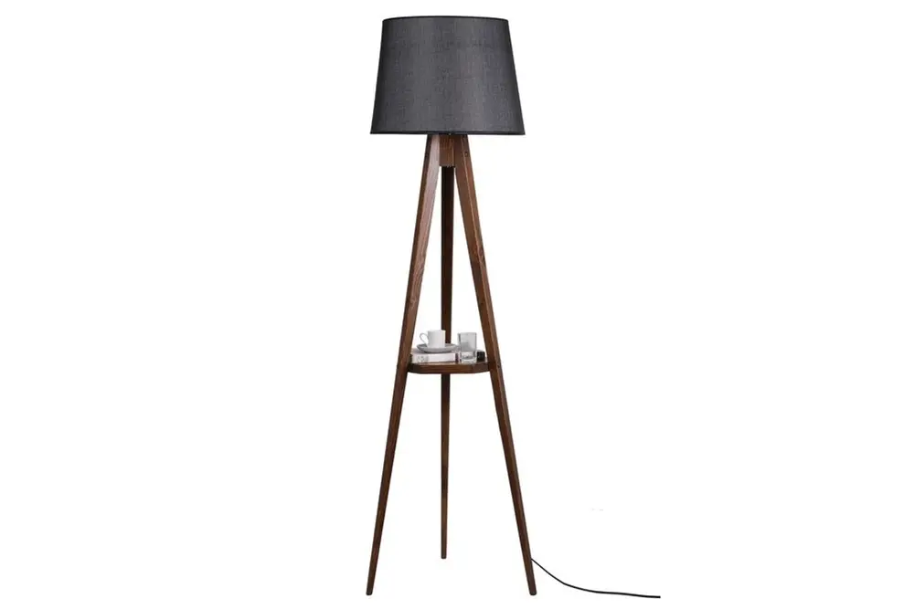 Sehbalı Tripod Ceviz Lambader Pramit Hasır Siyah Abajurlu