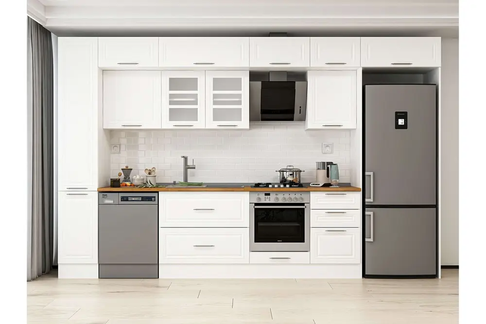 Alvinka 370X240 Cm Klasik Mebran Mutfak Dolabı, Mbb E80B40S50 3 Mebran Beyaz Suntalam