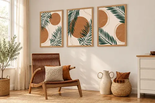 Premium Ahşap Çerçeveli Üçlü İskandinav Bohem Tablo Seti, Set9, 50X35Cm