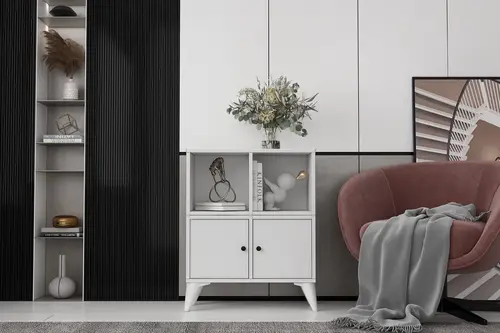 Consola Ayaklı Iki Kapaklı Raflı Beyaz Konsol Çıtasız Kns-1246-Ç