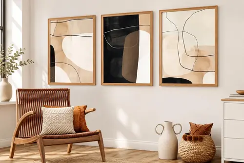 Premium Ahşap Çerçeveli Üçlü İskandinav Bohem Tablo Seti, Set14, 50X35Cm