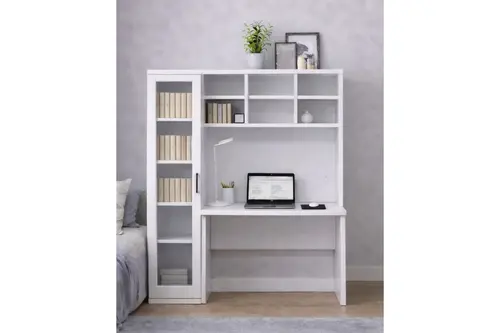 Merisa Cam Kapaklı Tek Kitaplıklı Çalışma Masası, Beyaz