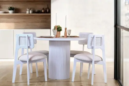 Morena 4 Sandalyeli Yuvarlak Masa Takımı, Beyaz, 100X100