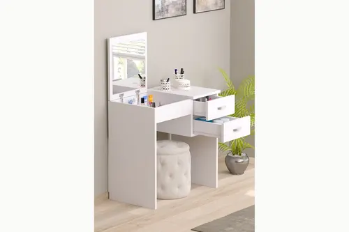 Luxe Aynalı Organizer Dolaplı Makyaj Masası, Beyaz, 2 Çekmeceli