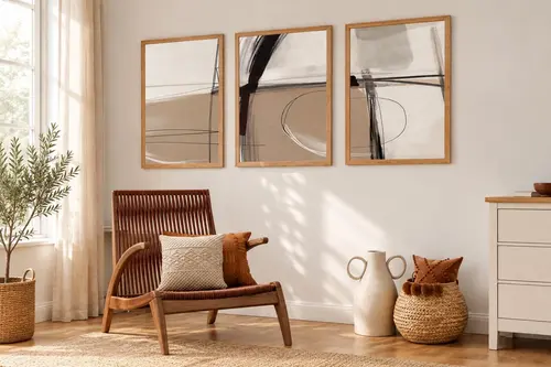Premium Ahşap Çerçeveli Üçlü İskandinav Bohem Tablo Seti, Set13, 50X35Cm