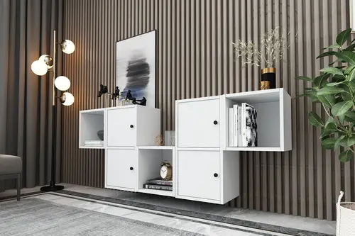 Leno 4 Kapaklı Raflı Duvara Monte Ayaksız Dresuar Beyaz 170 Cm Drs-1009-Ç