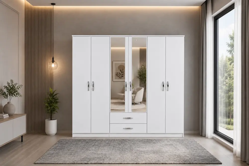 Sezar Aynalı Gardırop, Beyaz, 6 Kapaklı