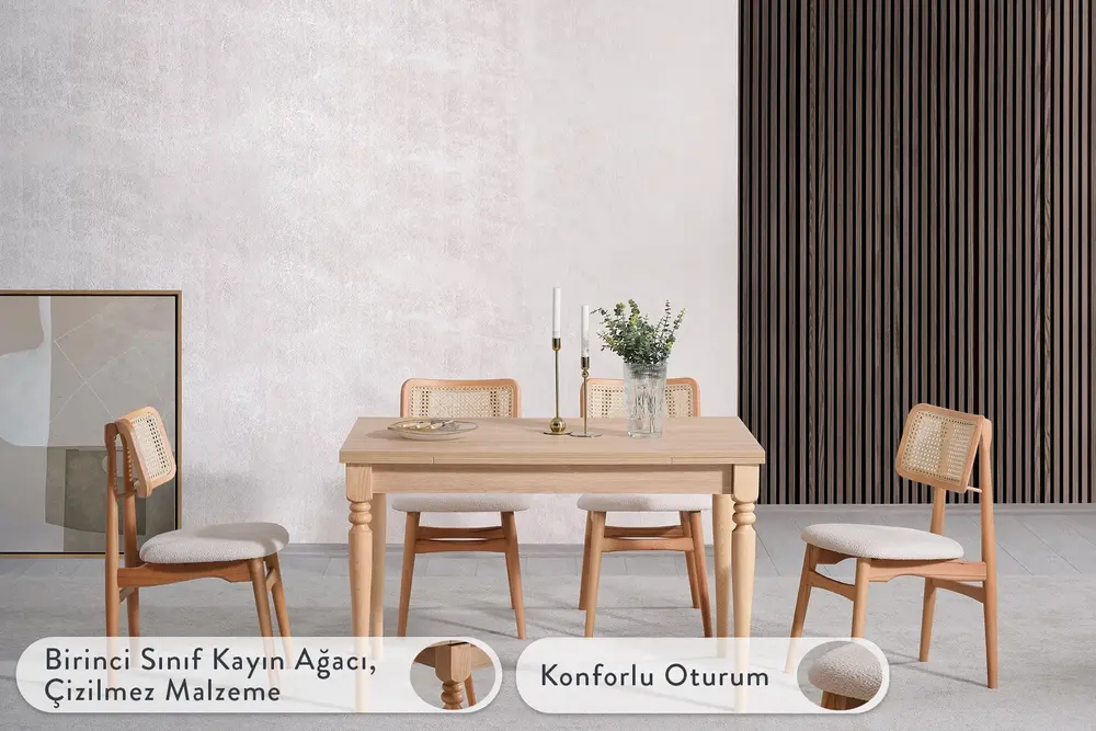 Vera Çizilmez Açılır Masa Takımı, Meşe, 120X80