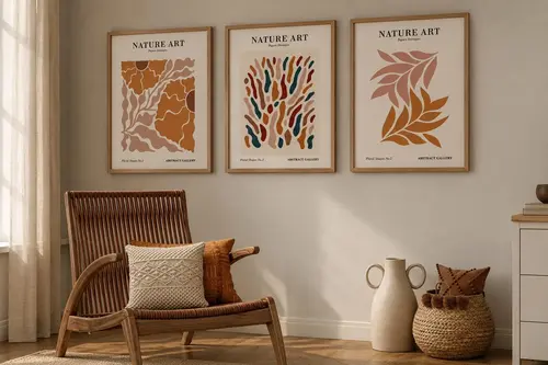 Premium Ahşap Çerçeveli Üçlü İskandinav Bohem Tablo Seti, Set8, 70X50Cm