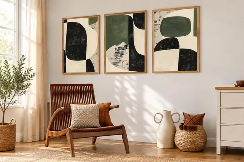 Premium Ahşap Çerçeveli Üçlü İskandinav Bohem Tablo Seti, Set15, 50X35Cm