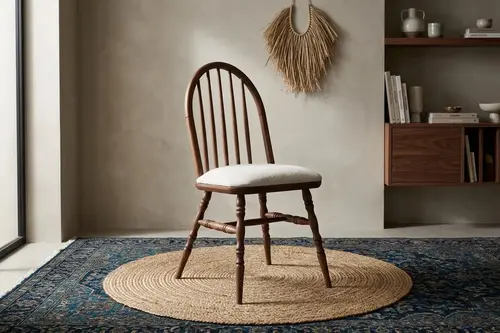 Motifli Ada Sandalye, Ceviz Ahşap, Krem Kumaş