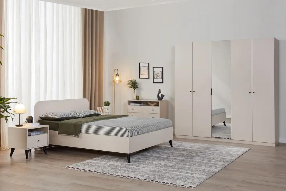 Solina Yatak Odası Takımı, 5 Kapaklı, Ahşap Başlıklı, Bej