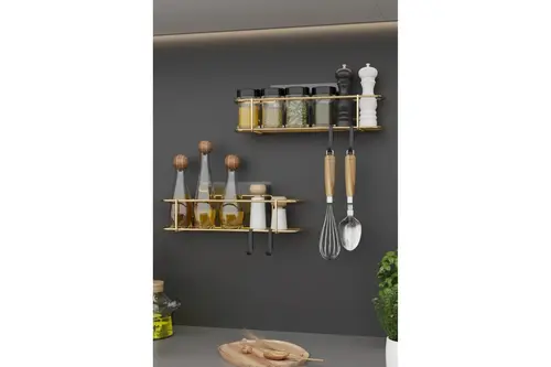 Bino Gold Metal Baharatlık Mutfak Banyo Rafı, İkili Set