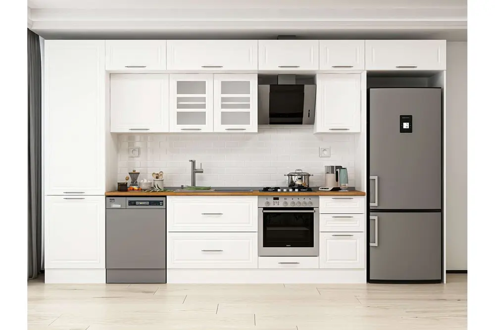 Alvinka 395X240 Cm Klasik Mebran Mutfak Dolabı, Mbb E90B60S45 3 Mebran Beyaz Suntalam