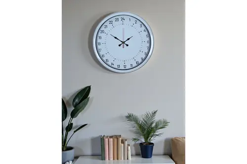 Beyaz Metal 24 Saat Göstergeli Özel Tasarım Duvar Saati 40 Cm
