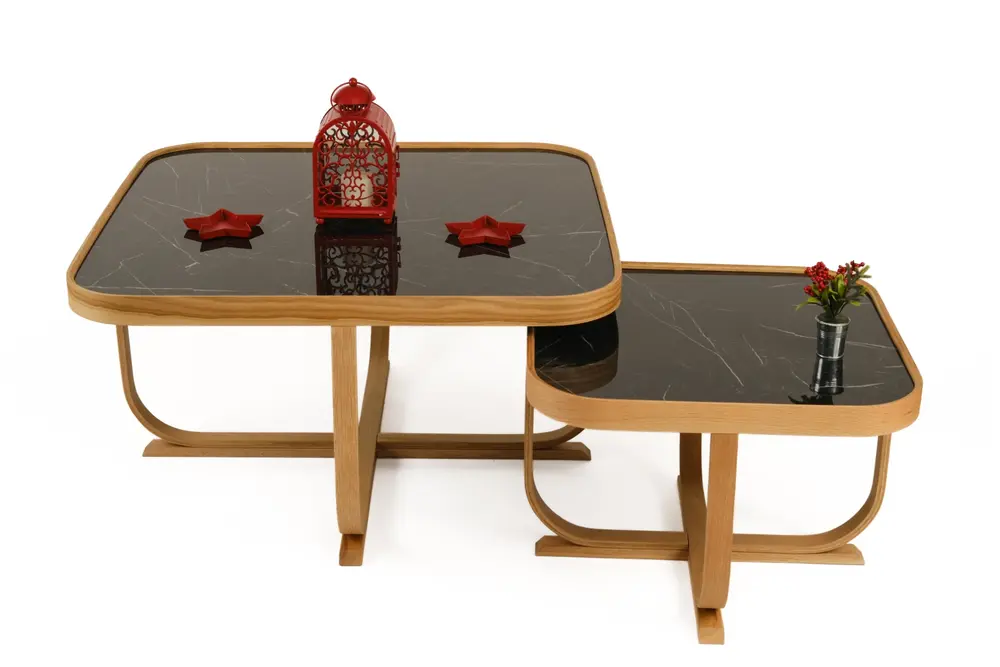 Hisar İkili Set Orta Sehpa, Meşe Siyah Mermer Tablalı