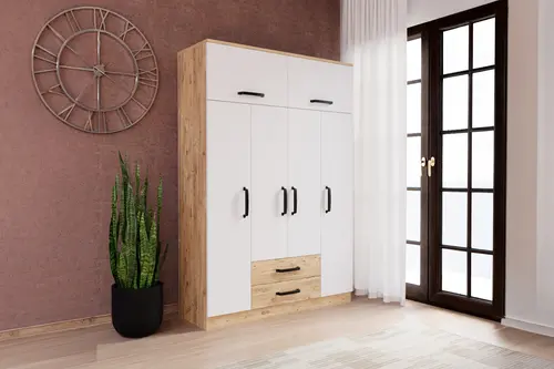 Tema Gardırop, Atlantik Çam Beyaz, 6 Kapak 2 Çekmeceli