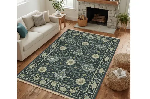 Vintage Lacivert Çiçekler Dokuma Taban Halı, 565 Yng 80X150 Cm