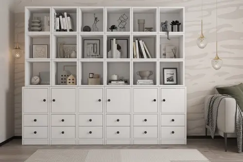 Zara Geniş Raf Sistemli Çekmeceli Kapaklı Bölmeli Beyaz Kitaplık Nrg Ktp 1107