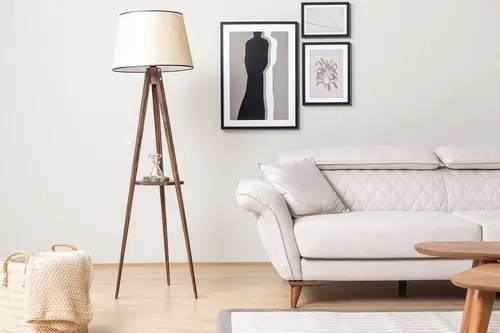 Sehbalı Tripod Ceviz Lambader Pramit Açık Hasır Abajurlu