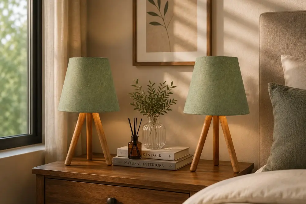 Evlight İkili Set Komodin Üç Ayaklı Ahşap Abajur, Yeşil