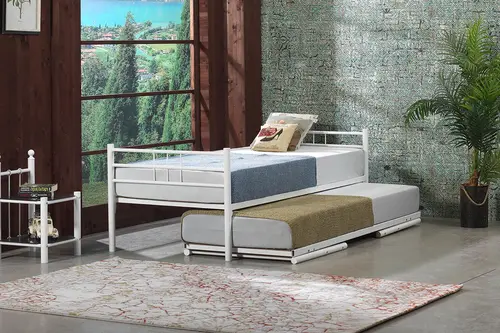 Yavrulu İkiz Metal Karyola, Beyaz, 90X200