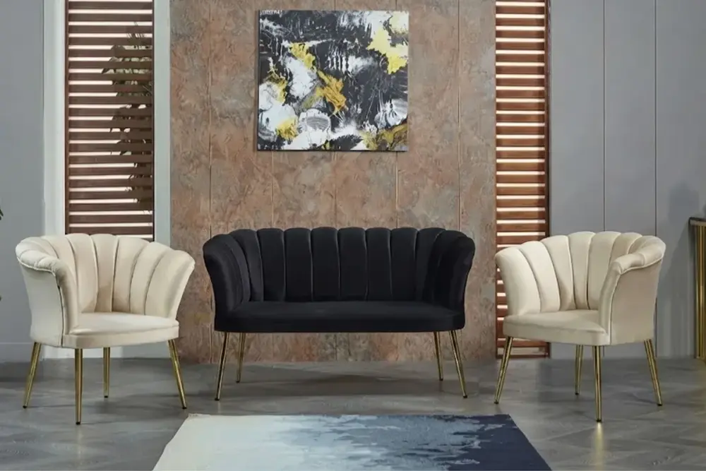 Venedik Papatya Çay Seti, Siyah Krem, Gold Ayak
