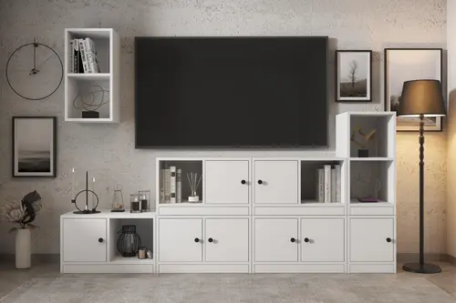 Leron Duvar Kitaplıklı Sekiz Kapaklı Raflı Tv Ünitesi Beyaz 228 Cm Çıtasız Tv 1269 Ç