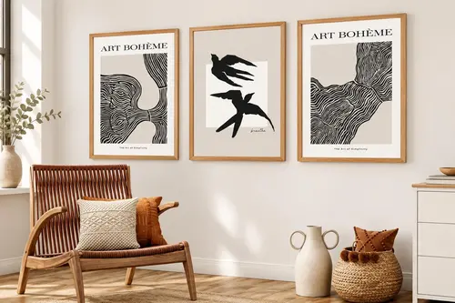 Premium Ahşap Çerçeveli Üçlü İskandinav Bohem Tablo Seti, Set4, 50X35Cm