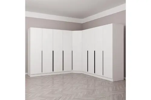 Kaleplus 9 Kapaklı 4 Çekmeceli Köşe Dolap Beyaz Mebran Beyaz Çizgili 190Cm
