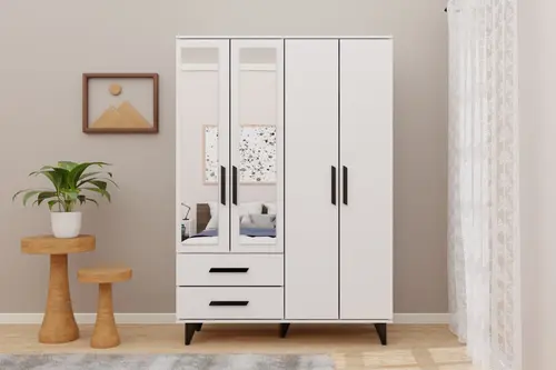 Novado Ayaklı Aynalı Gardırop, 4 Kapaklı, Siyah Kulplu