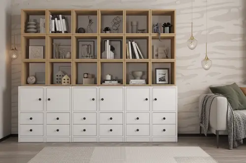 Zara Ahşap Ve Beyaz Kitaplık Çekmeceli Ve Kapaklı Salon Konsolu Nrg Ktp 1112