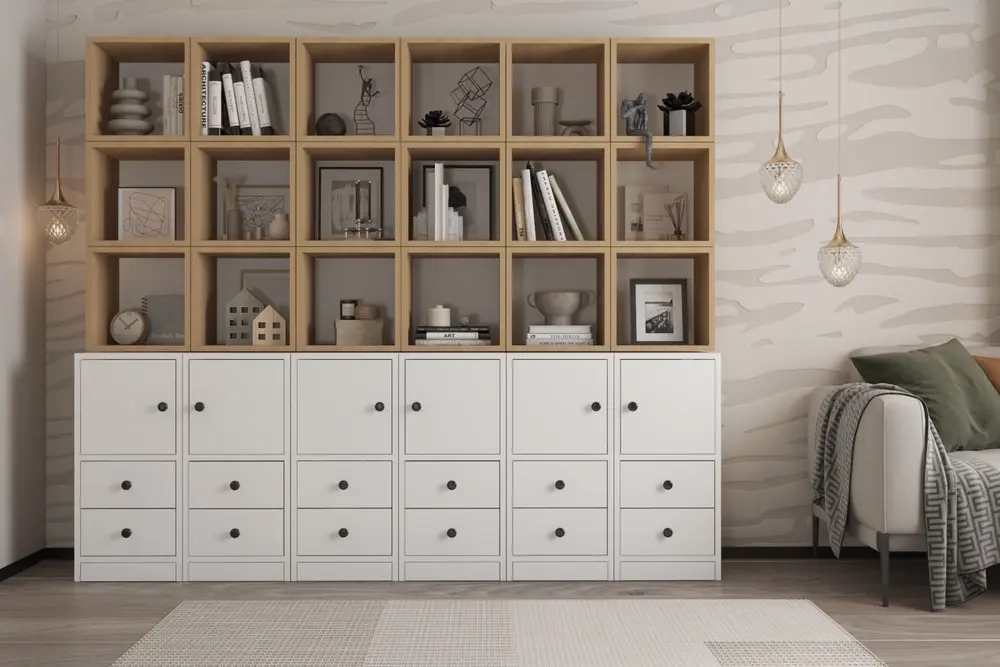 Zara Ahşap Ve Beyaz Kitaplık Çekmeceli Ve Kapaklı Salon Konsolu Nrg Ktp 1112