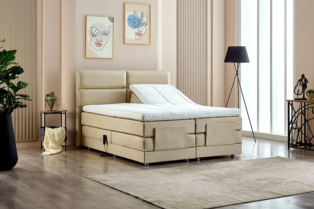 Nivo Kumandalı Baza Başlık Yatak Seti, Bej, 90X200