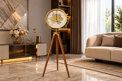 Muyika Çarklı Ahşap Ayaklı Gold Tripod Duvar Saati Gbgk