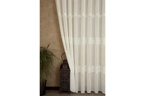 Vrc Desen Keten Pilesiz Tül Perde, Ekru, 100X260