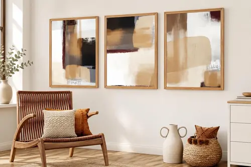 Premium Ahşap Çerçeveli Üçlü İskandinav Bohem Tablo Seti, Set12, 50X35Cm