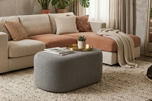 Pera Oval Puf Boucle Kumaş, Gri
