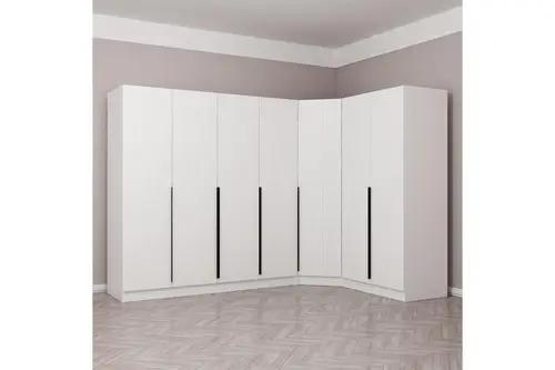 Kaleplus 7 Kapaklı 2 Çekmeceli Köşe Dolap Beyaz Mebran Beyaz Çizgili 190Cm