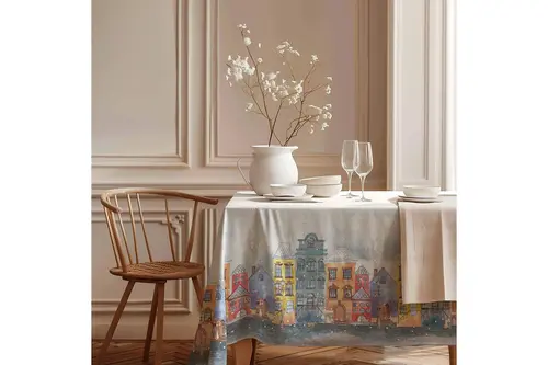 Kış Şehri Pamuk Masa Örtüsü, 100X100 Cm